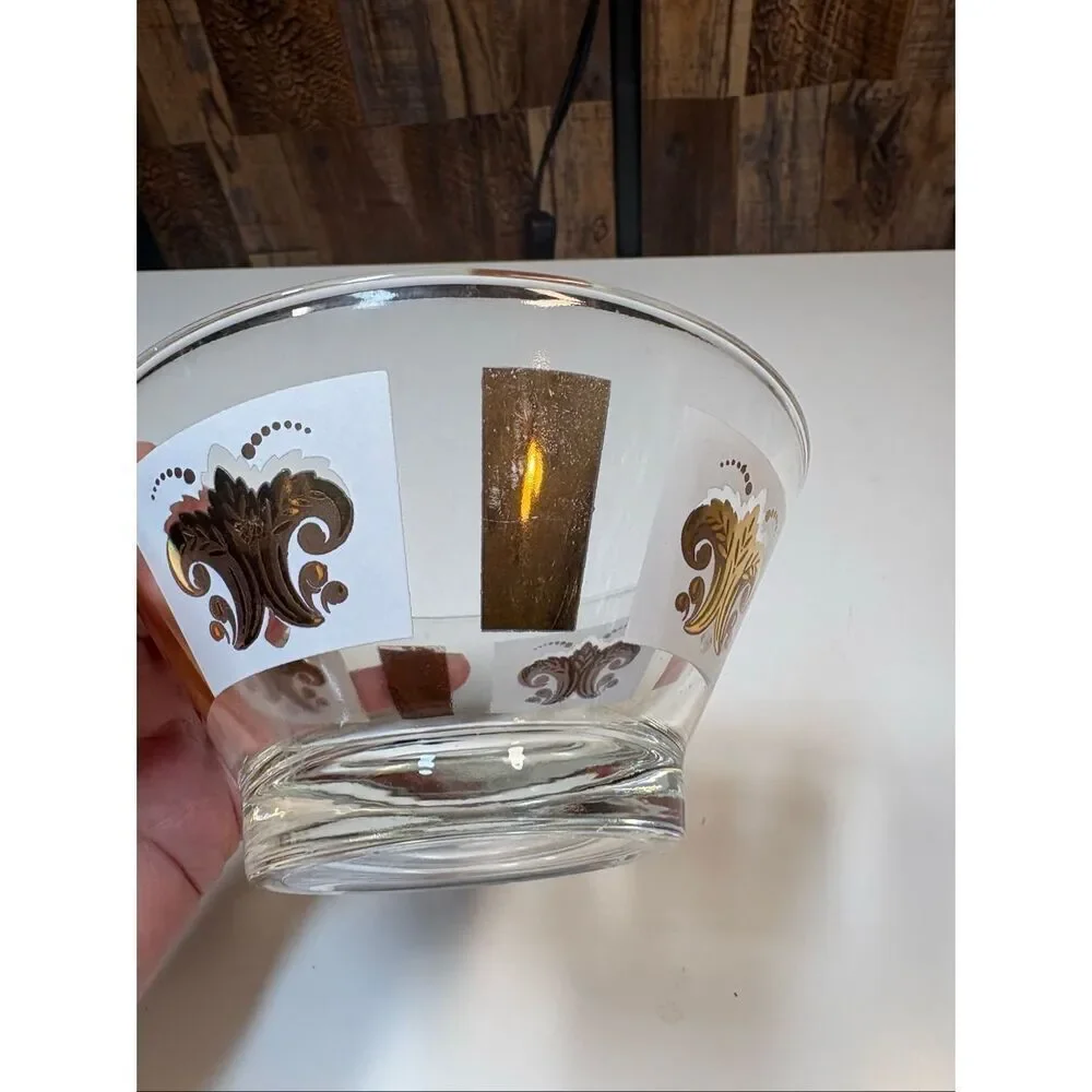 Vintage Mid Century Gold Scroll Barware Glass Bowl Atomic Style